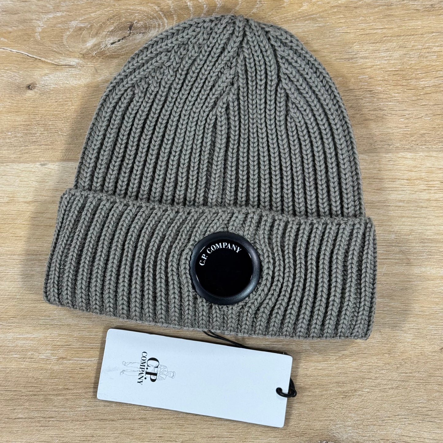 C.P. Company Extra Fine Merino Wool Lens Beanie in Fallen Rock - Beige