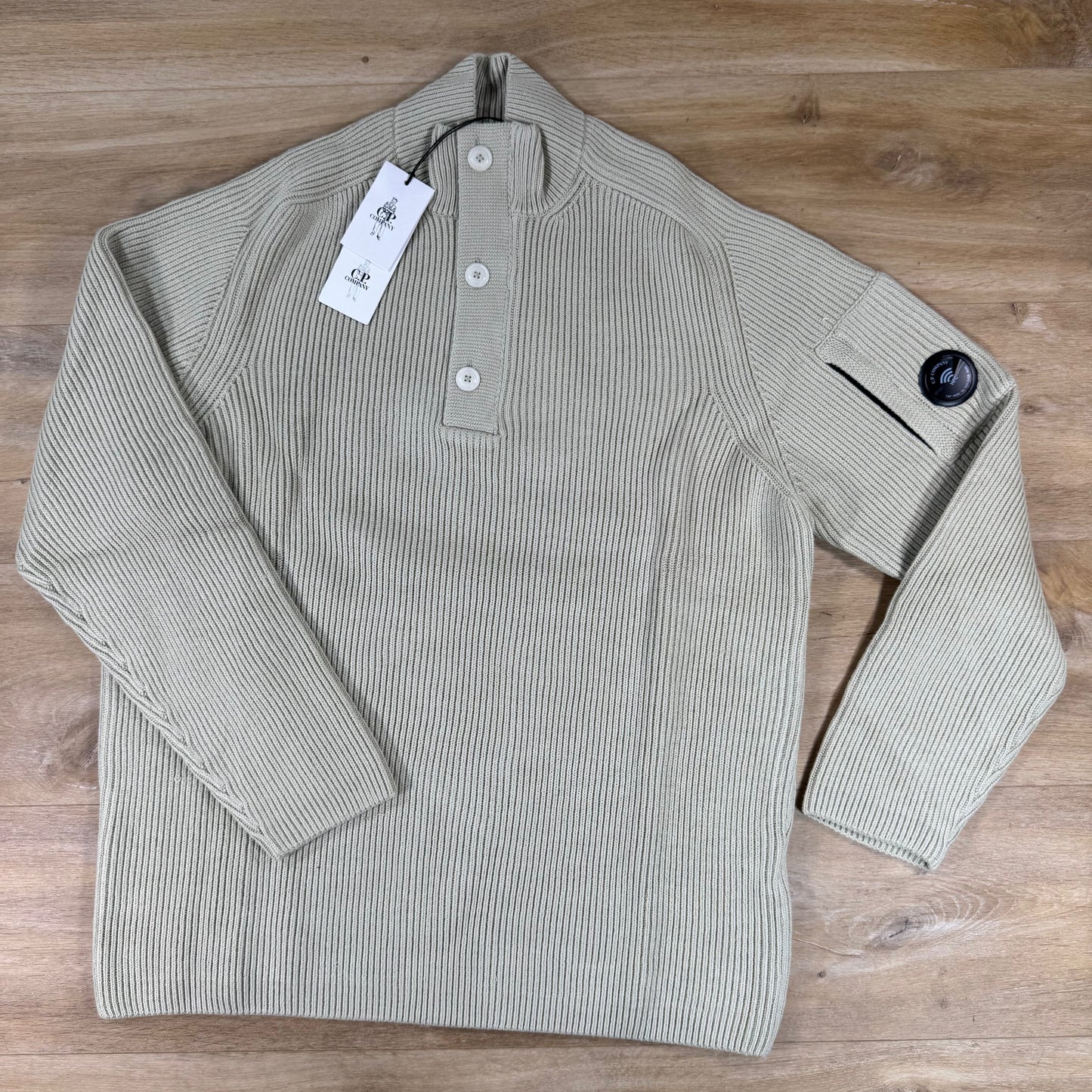 C.P. Company Full Rib Cotton Half Button Lens Sweater in Silver Birch
