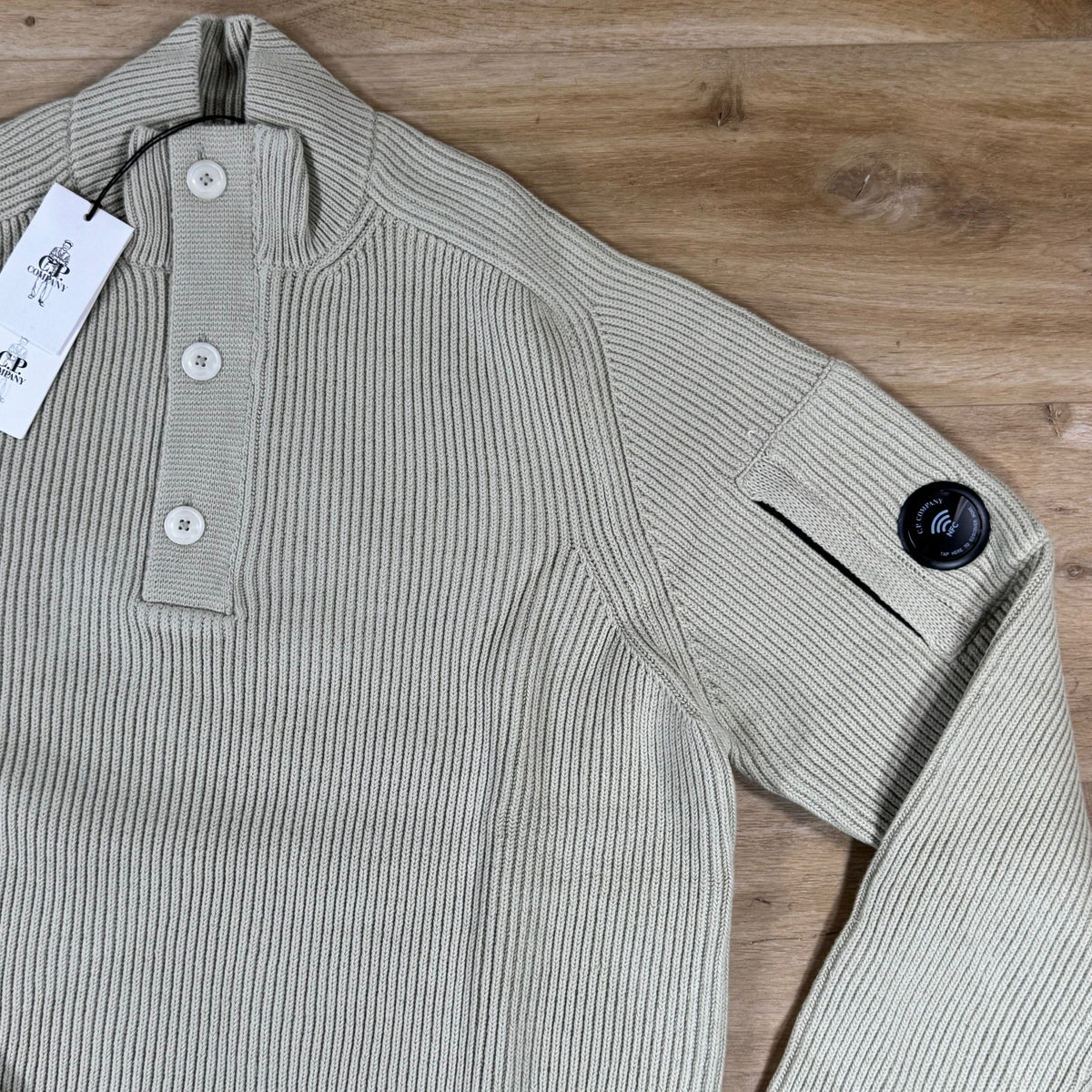C.P. Company Full Rib Cotton Half Button Lens Sweater in Silver Birch