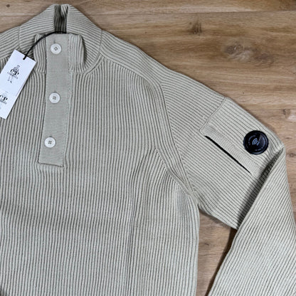 C.P. Company Full Rib Cotton Half Button Lens Sweater in Silver Birch