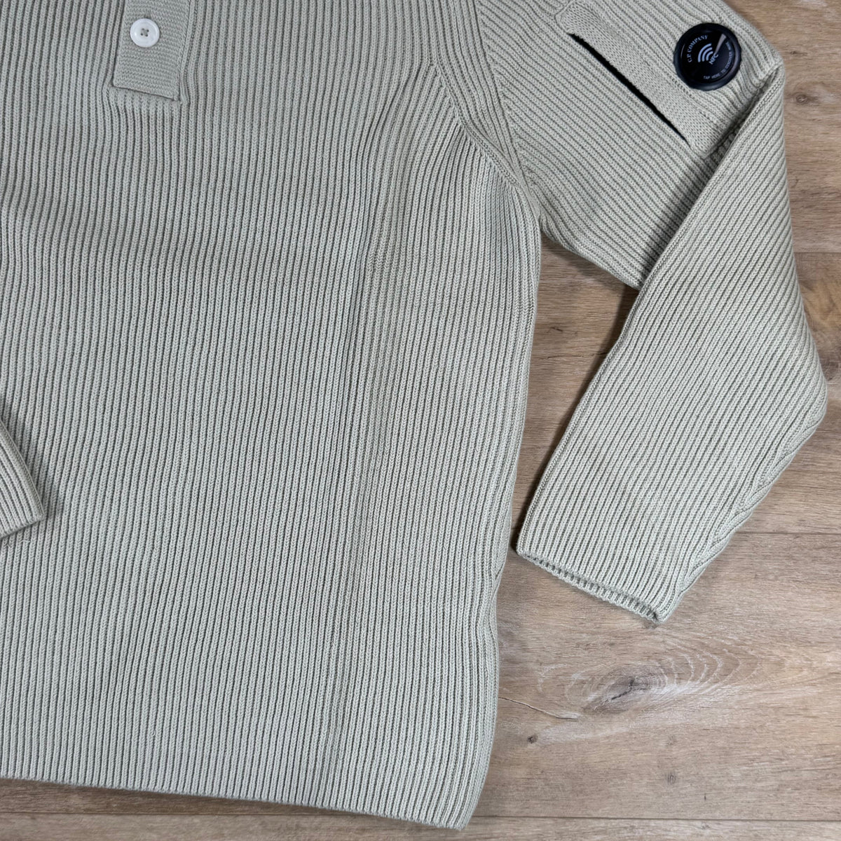 C.P. Company Full Rib Cotton Half Button Lens Sweater in Silver Birch