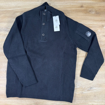 C.P. Company Full Rib Cotton Half Button Lens Sweater in Black