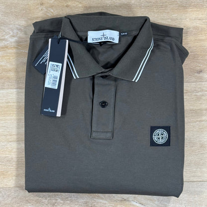 Stone Island Striped Collar Patch Logo Polo Shirt in Military Green