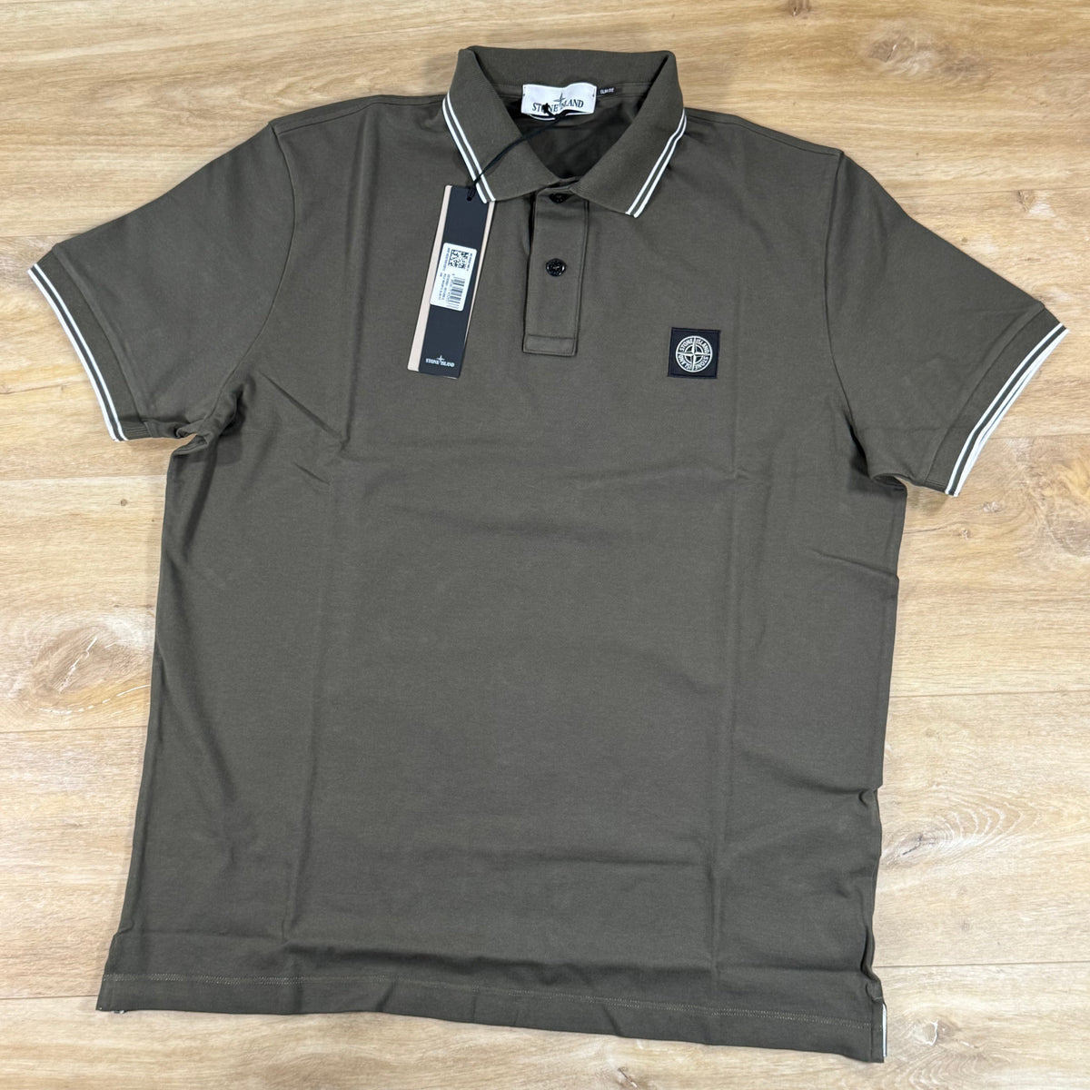 Stone Island Striped Collar Patch Logo Polo Shirt in Military Green