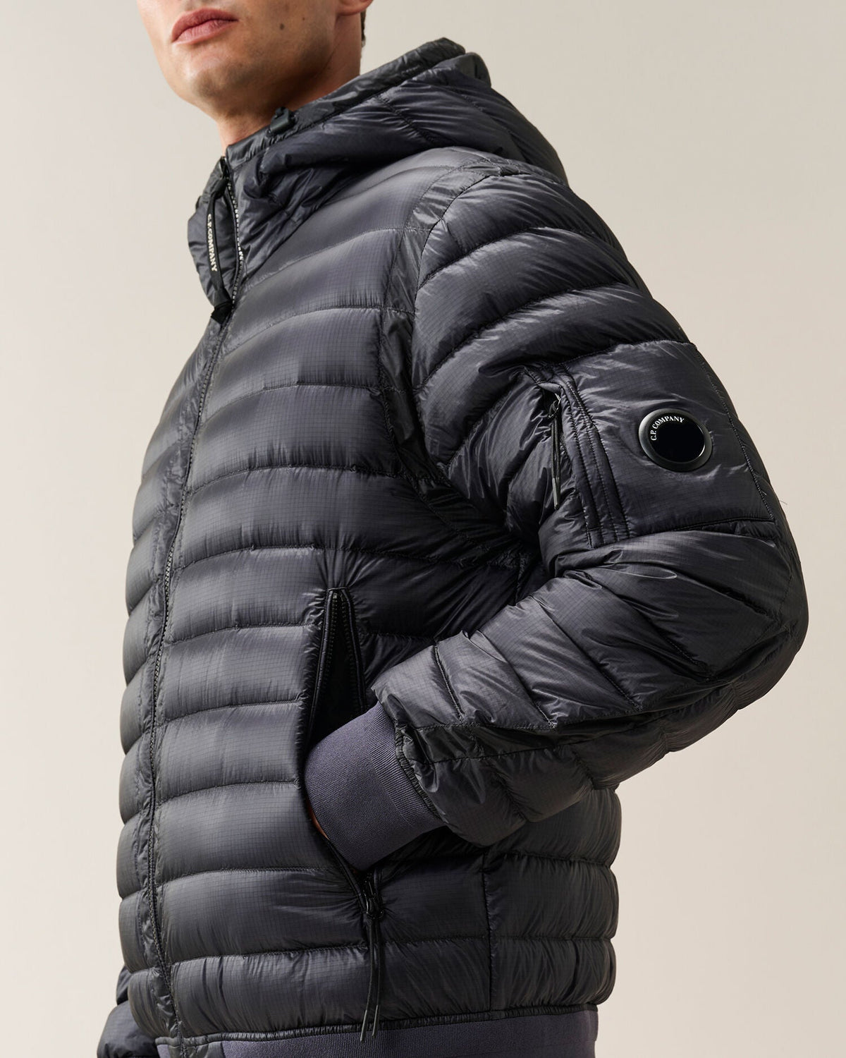 C.P. Company D.D. Shell Hooded Lens Down Jacket in Navy