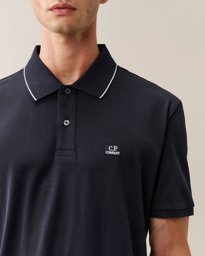 C.P. Company Stretch Piquet Striped Collar Polo Shirt in Navy