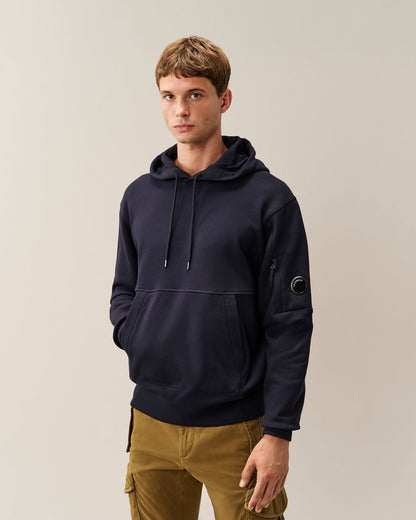 C.P. Company Diagonal Raised Fleece Lens Hoodie in Navy