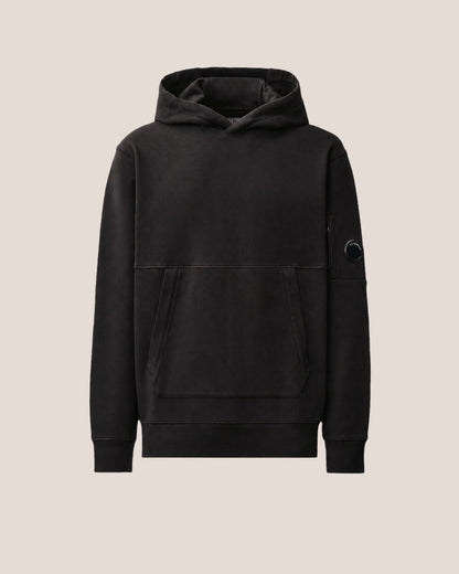 C.P. Company Diagonal Raised Fleece Lens Hoodie in Black