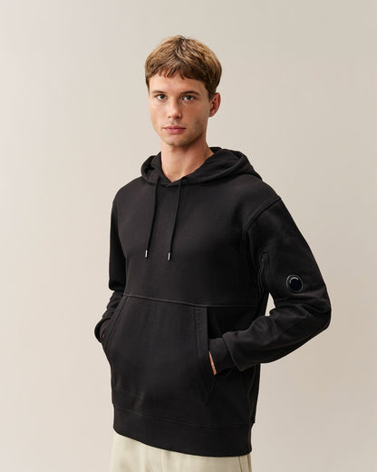 C.P. Company Diagonal Raised Fleece Lens Hoodie in Black