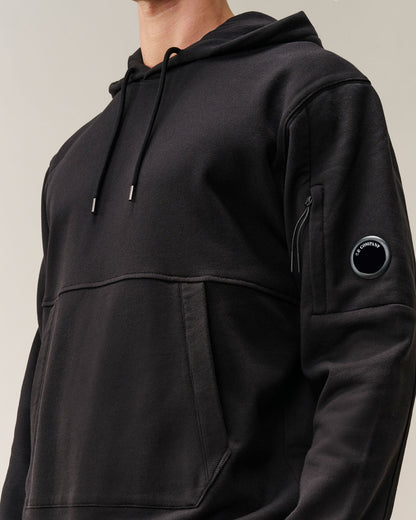 C.P. Company Diagonal Raised Fleece Lens Hoodie in Black