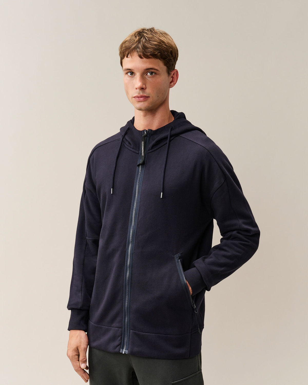 C.P. Company Diagonal Raised Fleece Goggle Hoodie in Navy