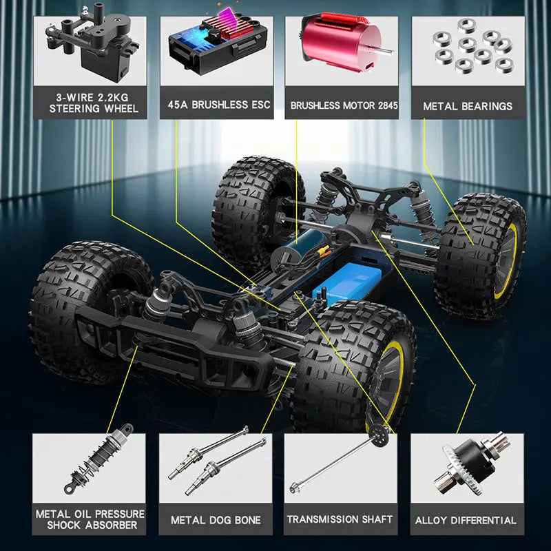 1/10 Scale 4WD Brushless High Speed Off-Road Big Foot Drift RC Car RTR
