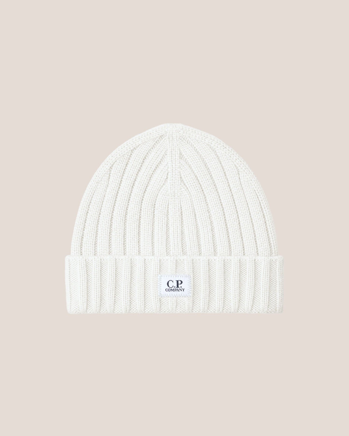 C.P. Company Extra Fine Merino Wool Logo Beanie in Gauze White