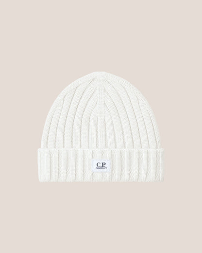C.P. Company Extra Fine Merino Wool Logo Beanie in Gauze White