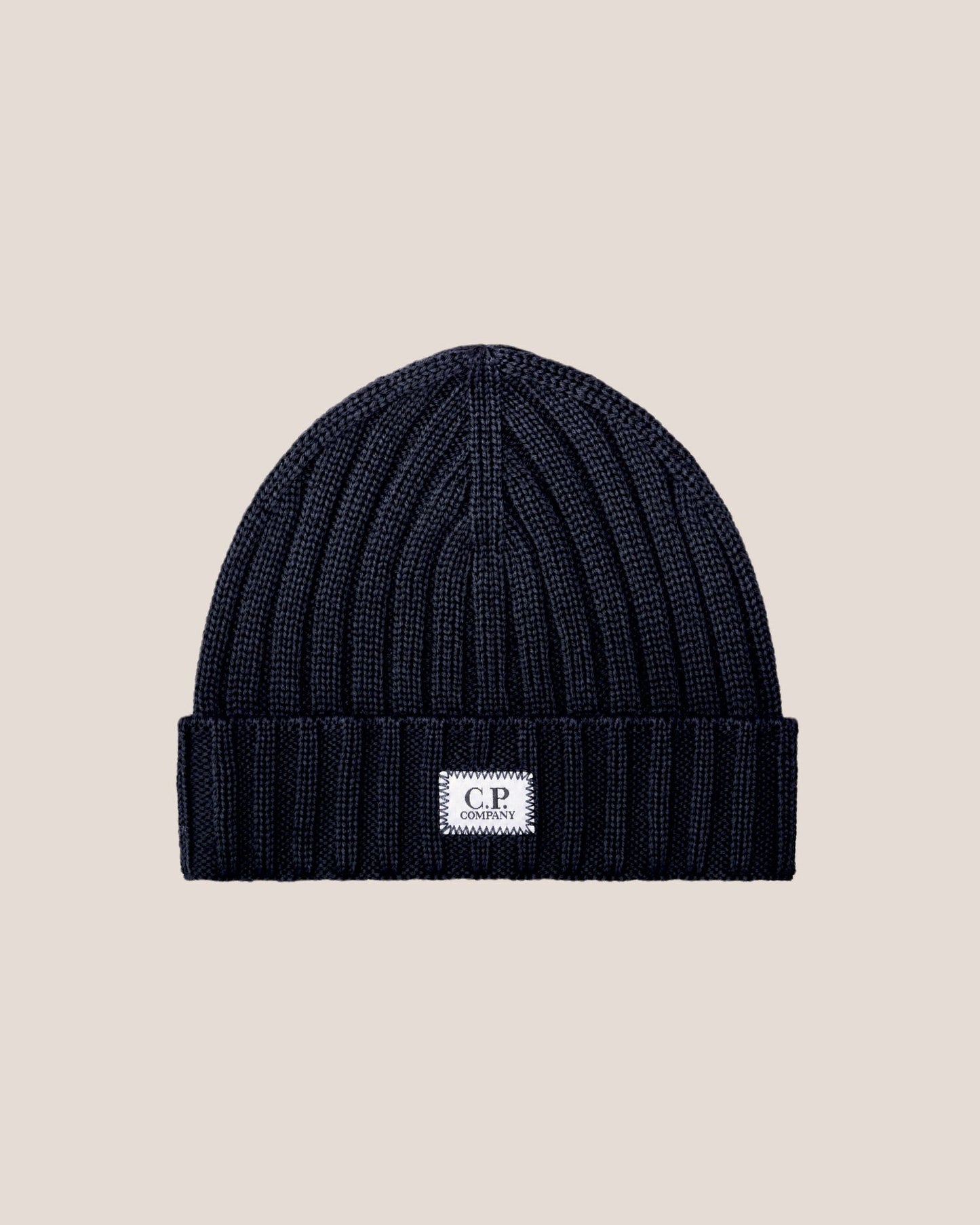 C.P. Company Extra Fine Merino Wool Logo Beanie in Navy