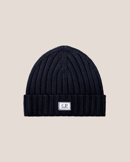 C.P. Company Extra Fine Merino Wool Logo Beanie in Navy