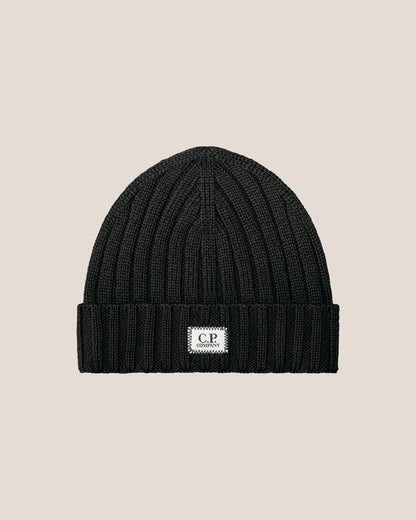 C.P. Company Extra Fine Merino Wool Logo Beanie in Black