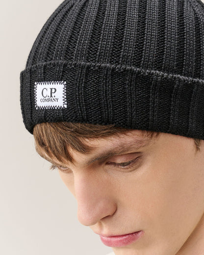 C.P. Company Extra Fine Merino Wool Logo Beanie in Black