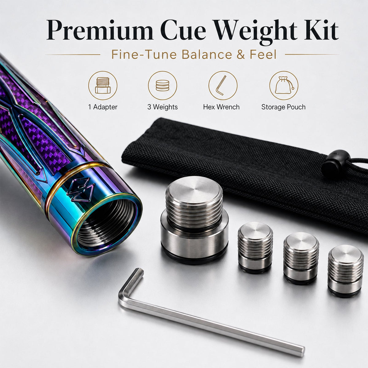 Precision Pool Cue Weight Kit – Adjustable Balance System with 3 Weights, Adapter, Hex Wrench & Storage Pouch