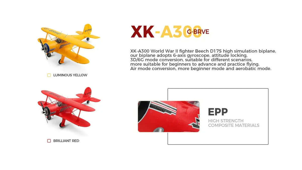 WLtoys XK A300 Beech D17S Biplane 2.4G 3D/6G Fixed Wing Glider RC Airplane RTF