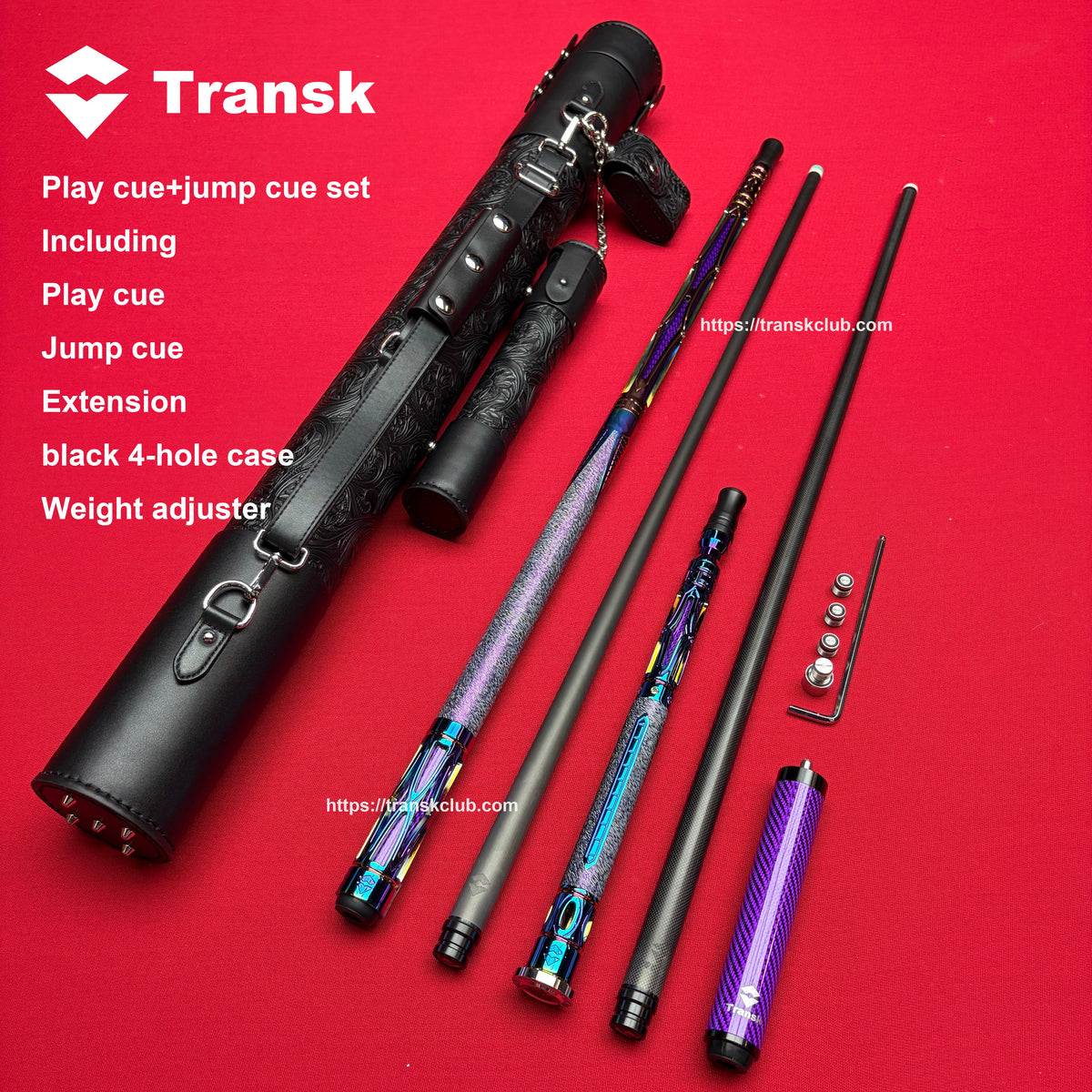 Transk Play cue+jump cue set with  4-hole case (red purple black gold color choice)12.5/11.8mm tip