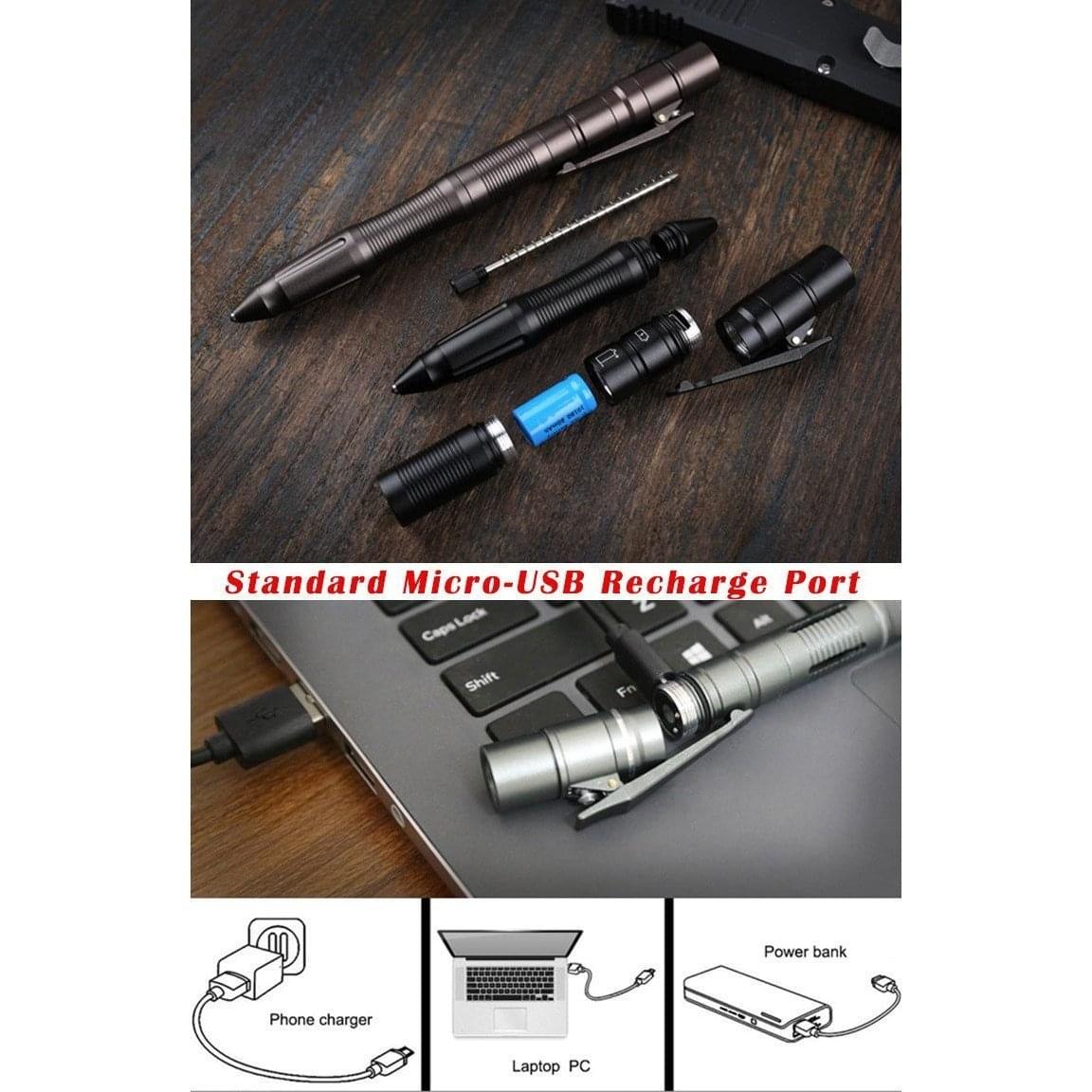 Aluminum Flashlight Tactical Pen – Tungsten Tip USB Rechargeable TSA Approved