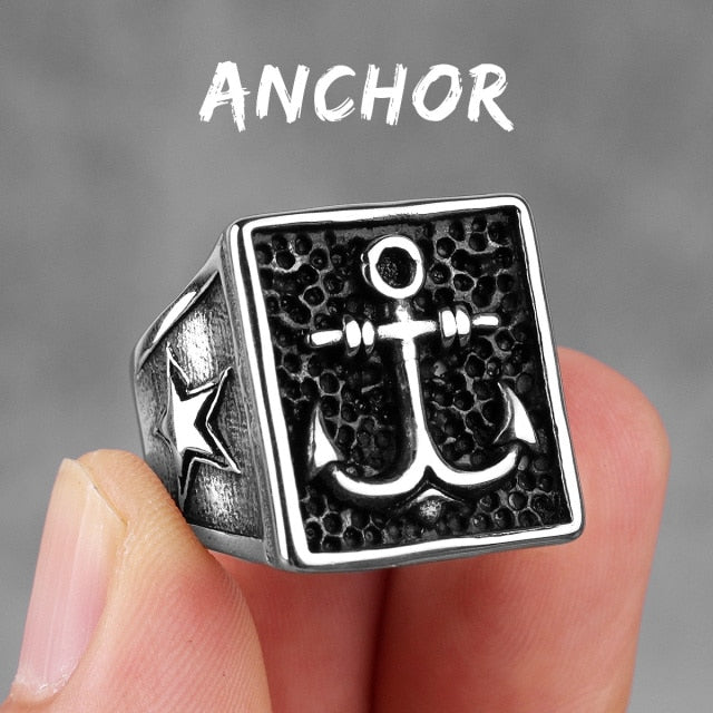 Anchor Compass Ring – Biker with Navy Ocean Star Punk Rock Hip Hop Statement