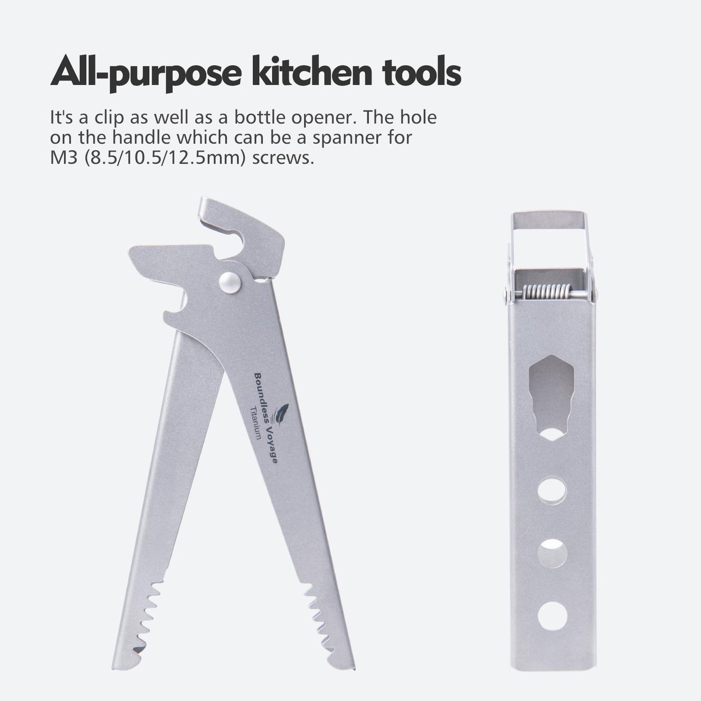 Camping Tool – Pure Titanium Tongs with 3-in-1 Pot Gripper, Bottle Opener & Wrench