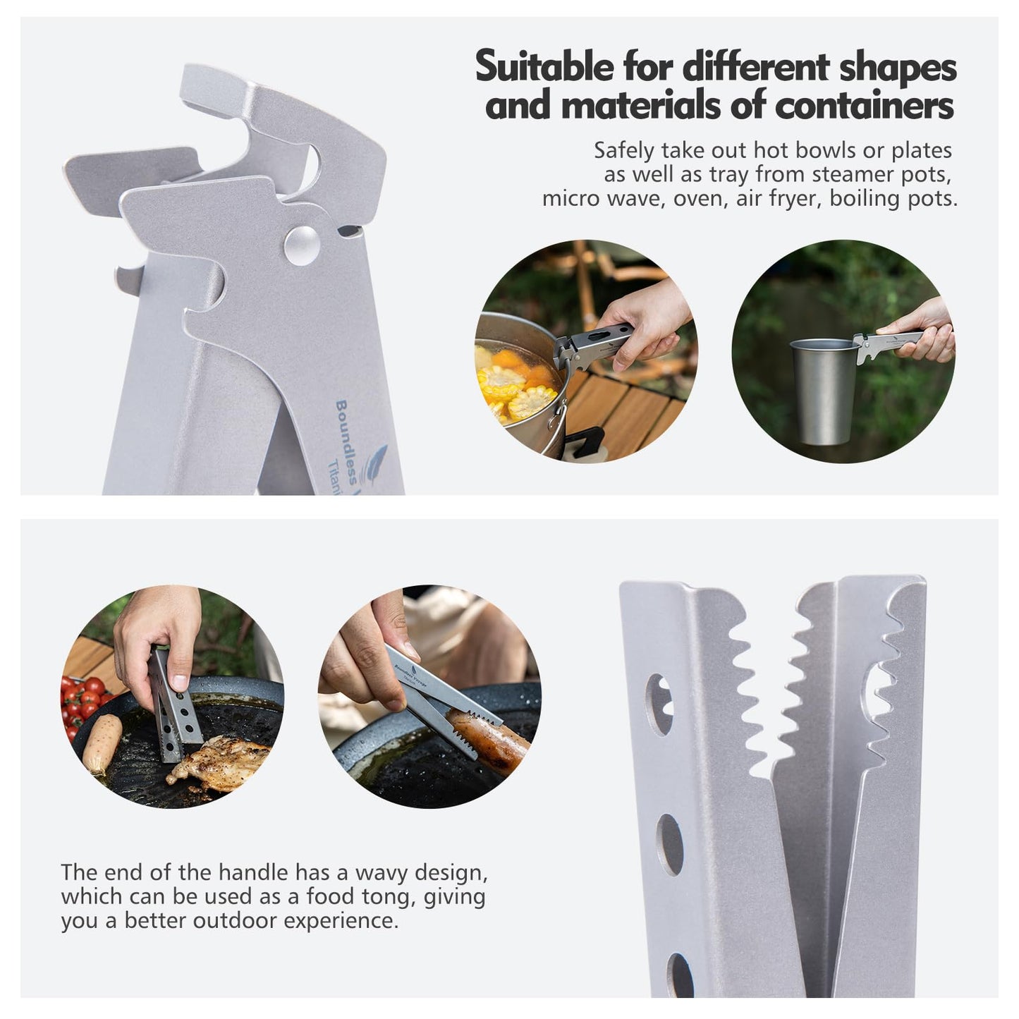 Camping Tool – Pure Titanium Tongs with 3-in-1 Pot Gripper, Bottle Opener & Wrench