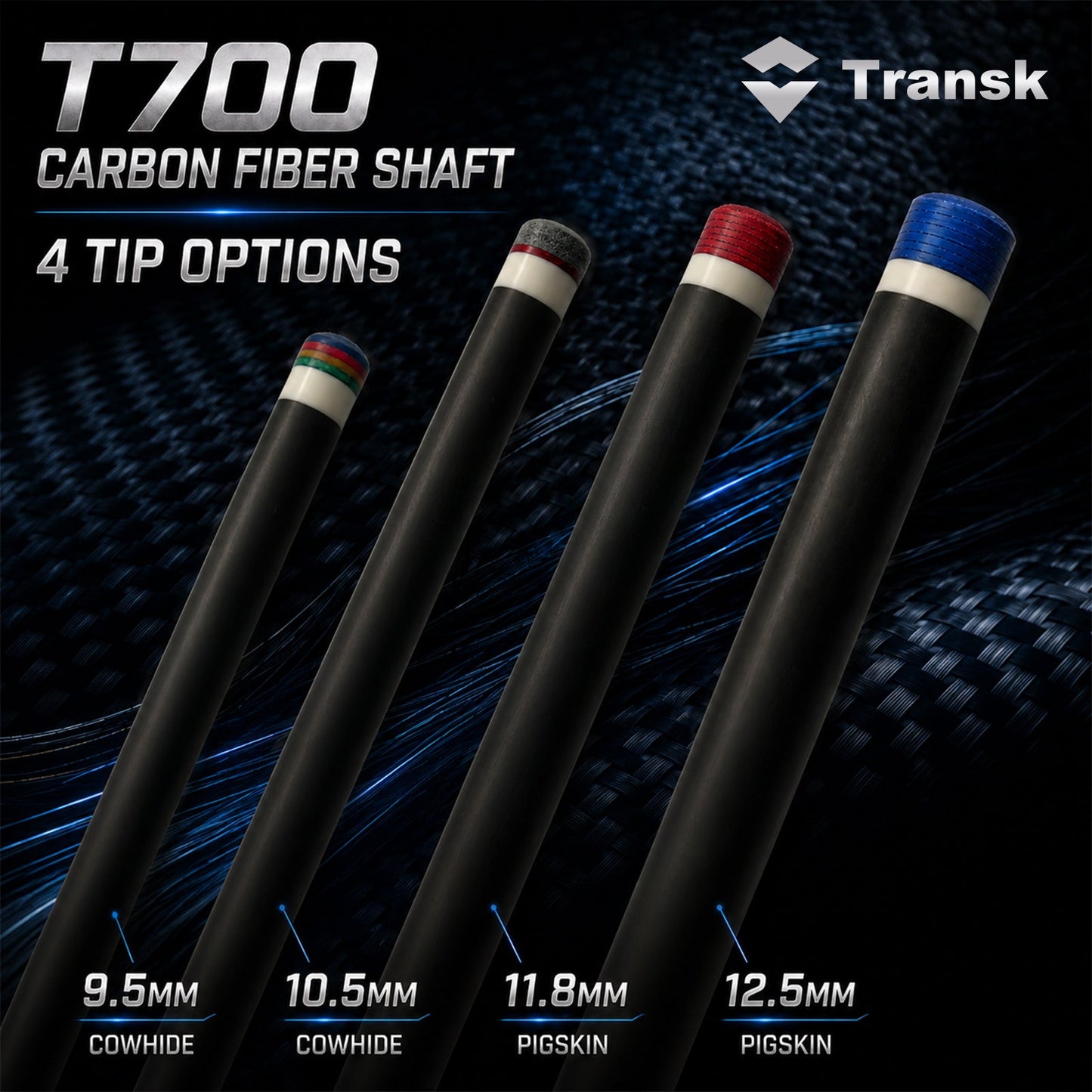 Transk T700 Low-Deflection Carbon Fiber Pool Cue Shaft – 4 Tip Size Options