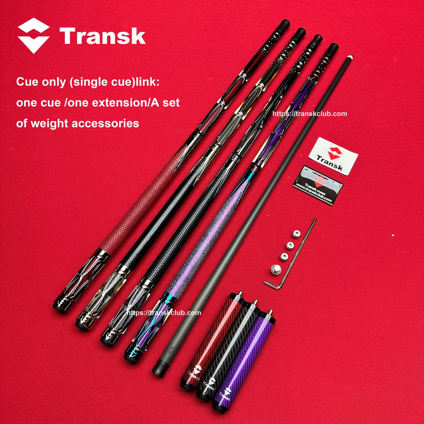 Transk Metal Carbon Fiber Pool Cue (SINGLE CUE)- Gold, Red, Purple, 10.5/11.8/12.5mm Tip(WITH An extension & weight Adjuster)