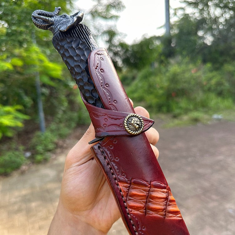 Damascus EDC Knife – Hand Forged 103 Layer VG10 Ebony Handle Elephant Head Leather Sheath