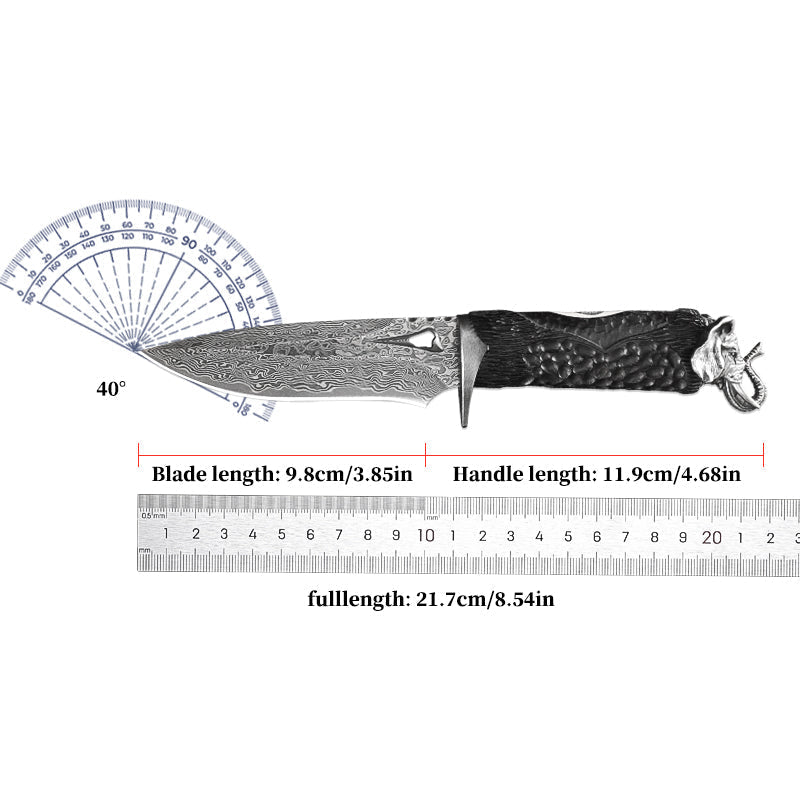 Damascus EDC Knife – Hand Forged 103 Layer VG10 Ebony Handle Elephant Head Leather Sheath