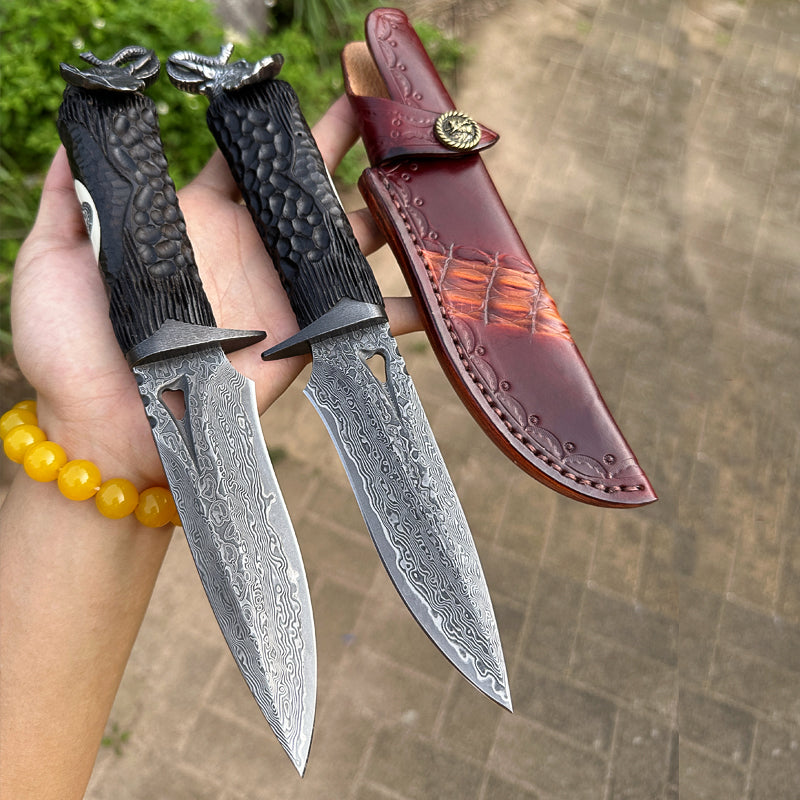 Damascus EDC Knife – Hand Forged 103 Layer VG10 Ebony Handle Elephant Head Leather Sheath