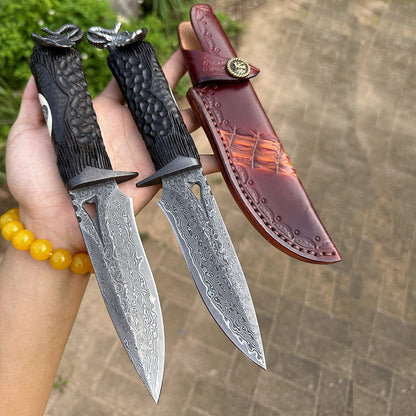 Damascus EDC Knife – Hand Forged 103 Layer VG10 Ebony Handle Elephant Head Leather Sheath