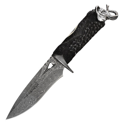 Damascus EDC Knife – Hand Forged 103 Layer VG10 Ebony Handle Elephant Head Leather Sheath