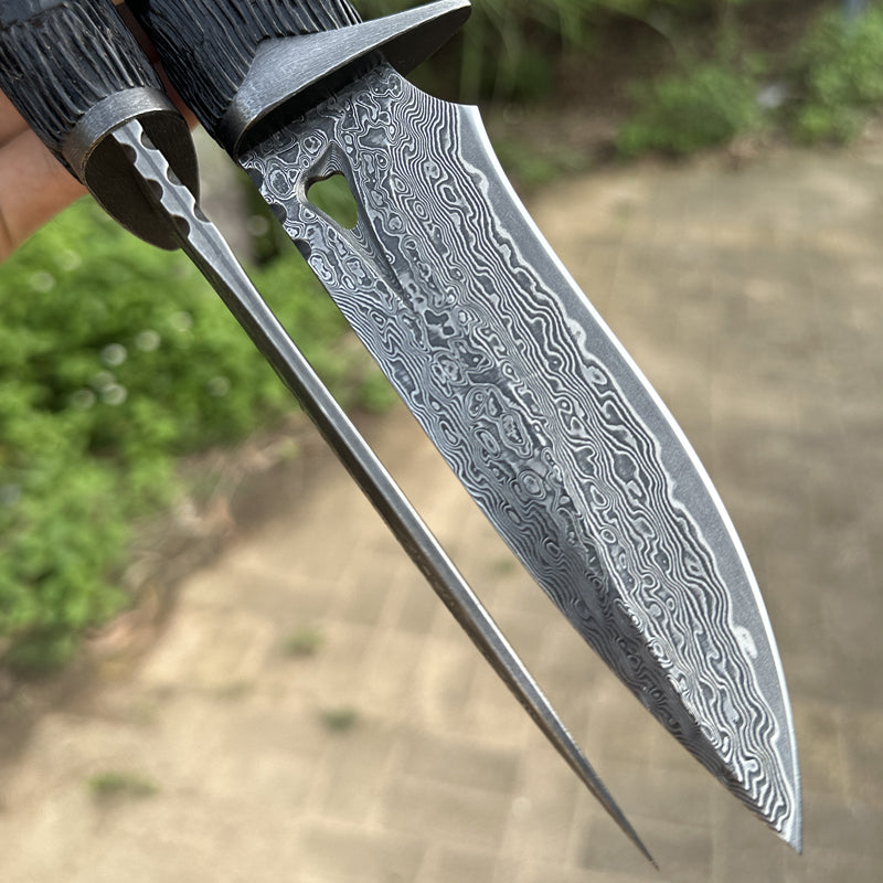 Damascus EDC Knife – Hand Forged 103 Layer VG10 Ebony Handle Elephant Head Leather Sheath
