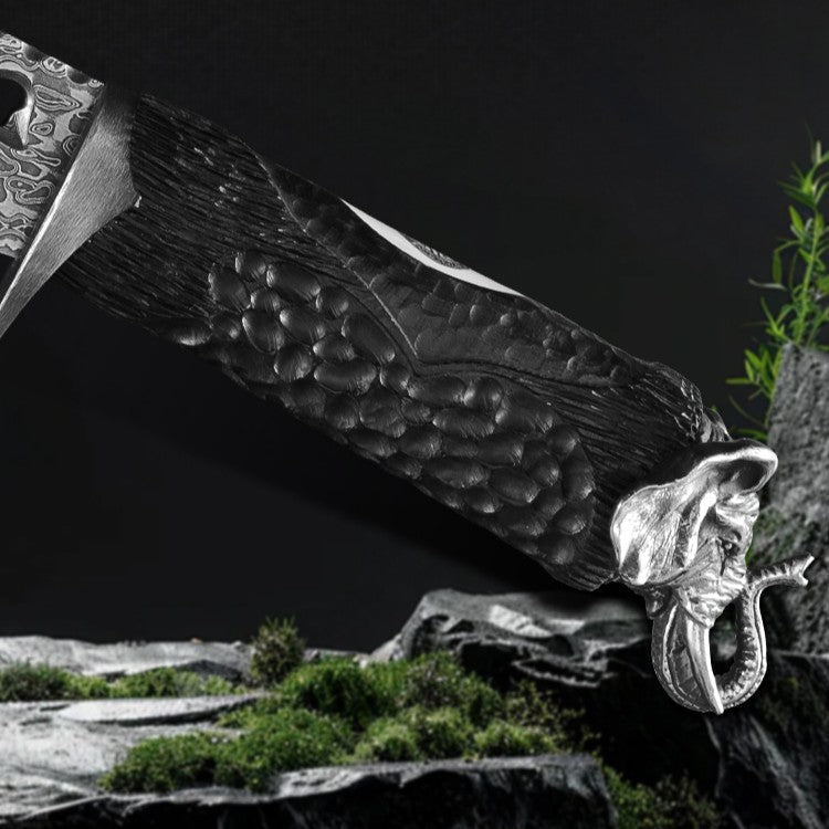 Damascus EDC Knife – Hand Forged 103 Layer VG10 Ebony Handle Elephant Head Leather Sheath