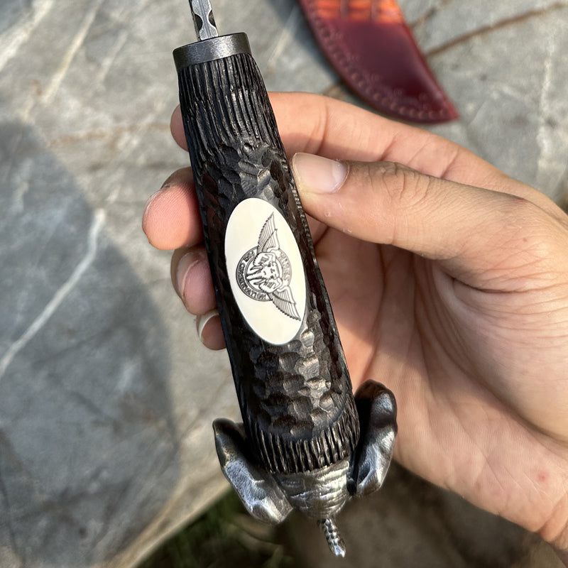Damascus EDC Knife – Hand Forged 103 Layer VG10 Ebony Handle Elephant Head Leather Sheath