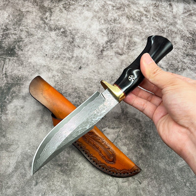 Damascus EDC Knife – Hand Forged SKD-11 Steel Purple Heartwood Leather Sheath Survival