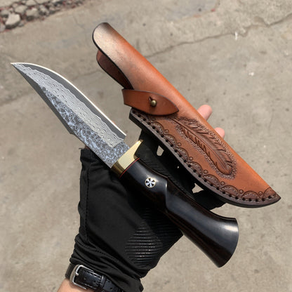 Damascus EDC Knife – Hand Forged SKD-11 Steel Purple Heartwood Leather Sheath Survival