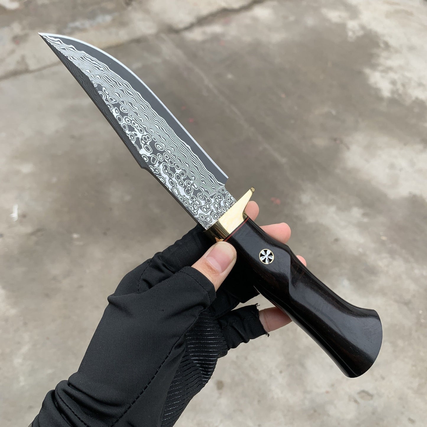 Damascus EDC Knife – Hand Forged SKD-11 Steel Purple Heartwood Leather Sheath Survival