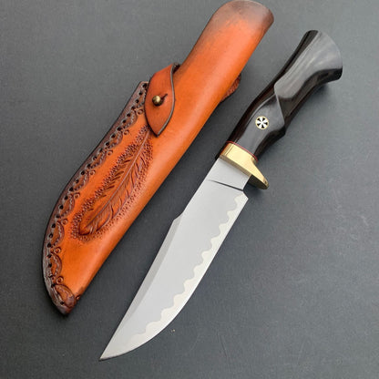 Damascus EDC Knife – Hand Forged SKD-11 Steel Purple Heartwood Leather Sheath Survival
