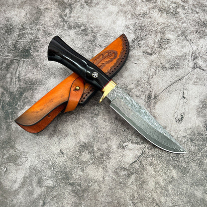 Damascus EDC Knife – Hand Forged SKD-11 Steel Purple Heartwood Leather Sheath Survival