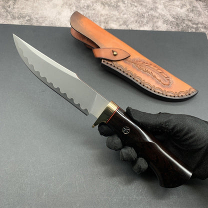 Damascus EDC Knife – Hand Forged SKD-11 Steel Purple Heartwood Leather Sheath Survival