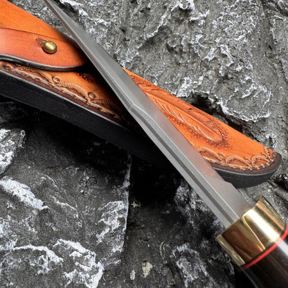 Damascus EDC Knife – Hand Forged SKD-11 Steel Purple Heartwood Leather Sheath Survival