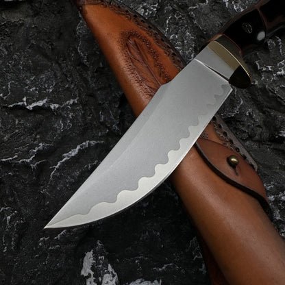 Damascus EDC Knife – Hand Forged SKD-11 Steel Purple Heartwood Leather Sheath Survival