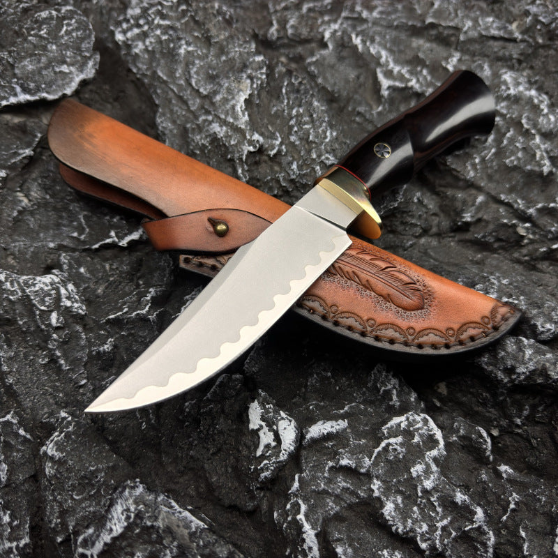 Damascus EDC Knife – Hand Forged SKD-11 Steel Purple Heartwood Leather Sheath Survival