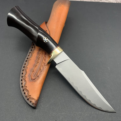 Damascus EDC Knife – Hand Forged SKD-11 Steel Purple Heartwood Leather Sheath Survival