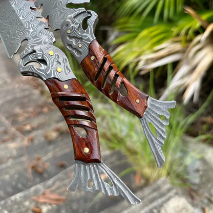 Damascus Fixed Blade Knife – Ironwood Fang Fishbone with 95-Layer Hand-Forged